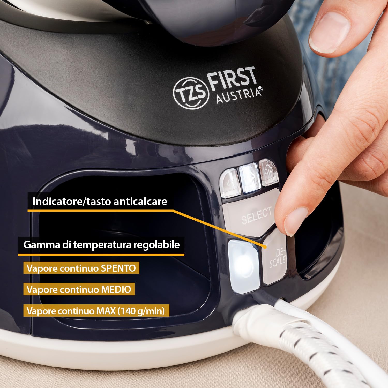 TZS First Austria - Ferro da Stiro con Caldaia 1,7L - 3000W - 6 Bar & 140g/min Vapore Continuo - Piastra in Ceramica - Stiro Verticale & Funzione Anticalcare - Blu