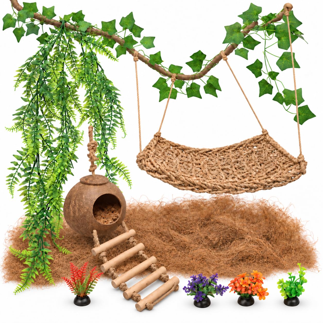 Leopard Gecko Tank Accessories. Reptile Hammock Vines Plants with Coconut Shell Ladder Hideout Hermit Crab Decor for Bearded Dragon Lizard Chameleon Crested Gecko Tortoise Snake