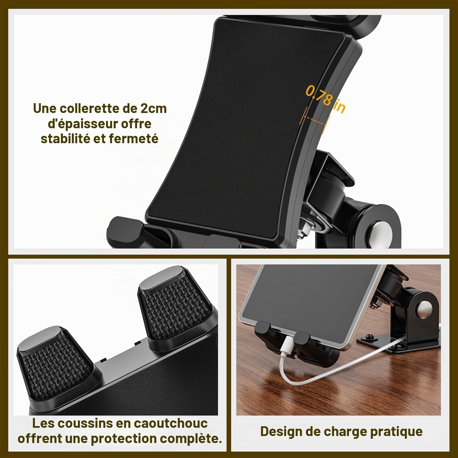 Tendak Support Mural pour Tablette, Support Mural Aluminium pour iPad, avec Base rotative à 360° réglable et Pliable pour iPad Pro Air, Tous Les téléphones et tablettes de 4,7 à 13.5"