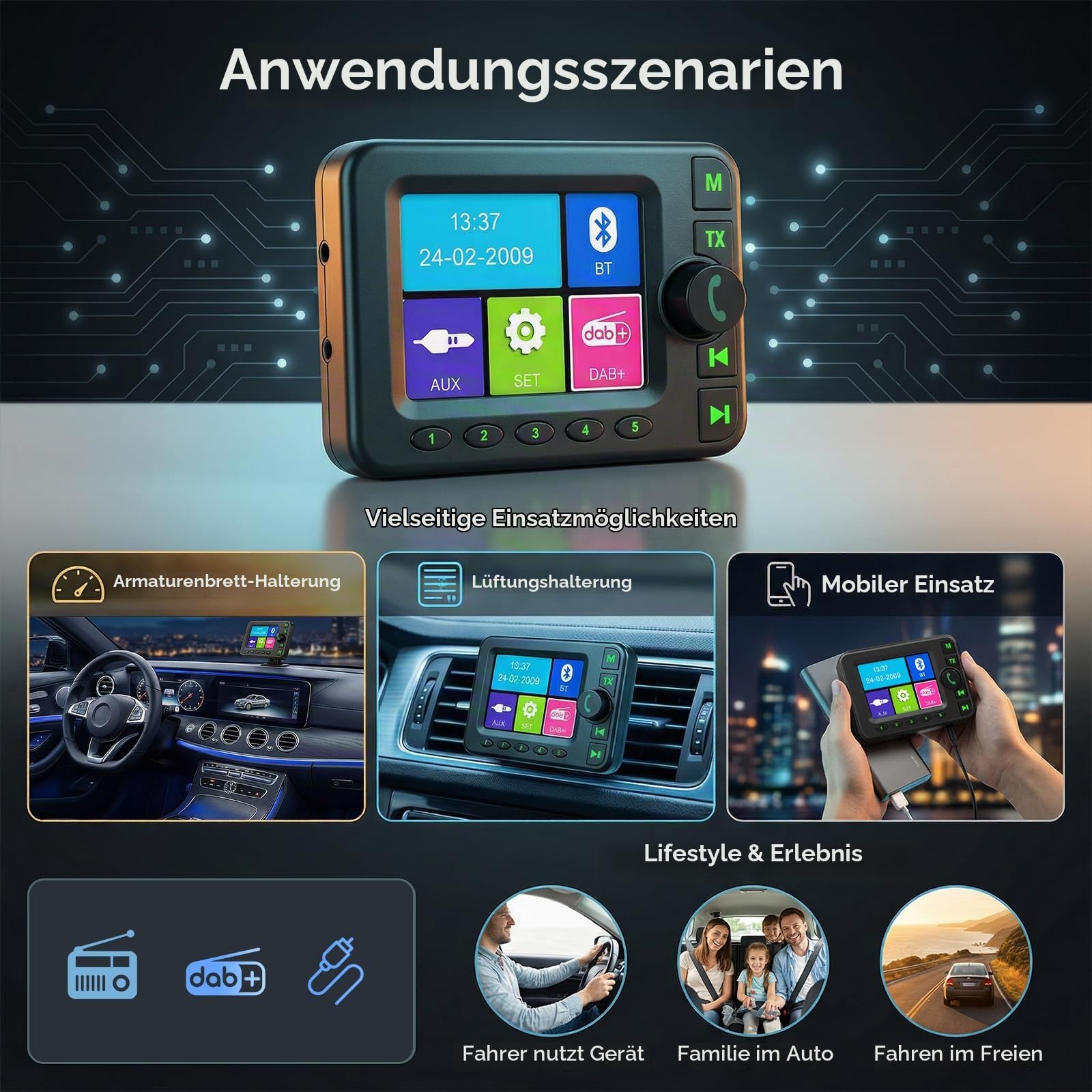 DAB DAB+ Adapter für Autoradio mit Bluetooth, FM Sender, 2,8-Zoll-Display | DAB Plus Digitalradio Adapter fürs Auto, AUX Eingang & Ausgang, Hochempfindliche Antenne, Freisprechfunktion, DAB Transmitter