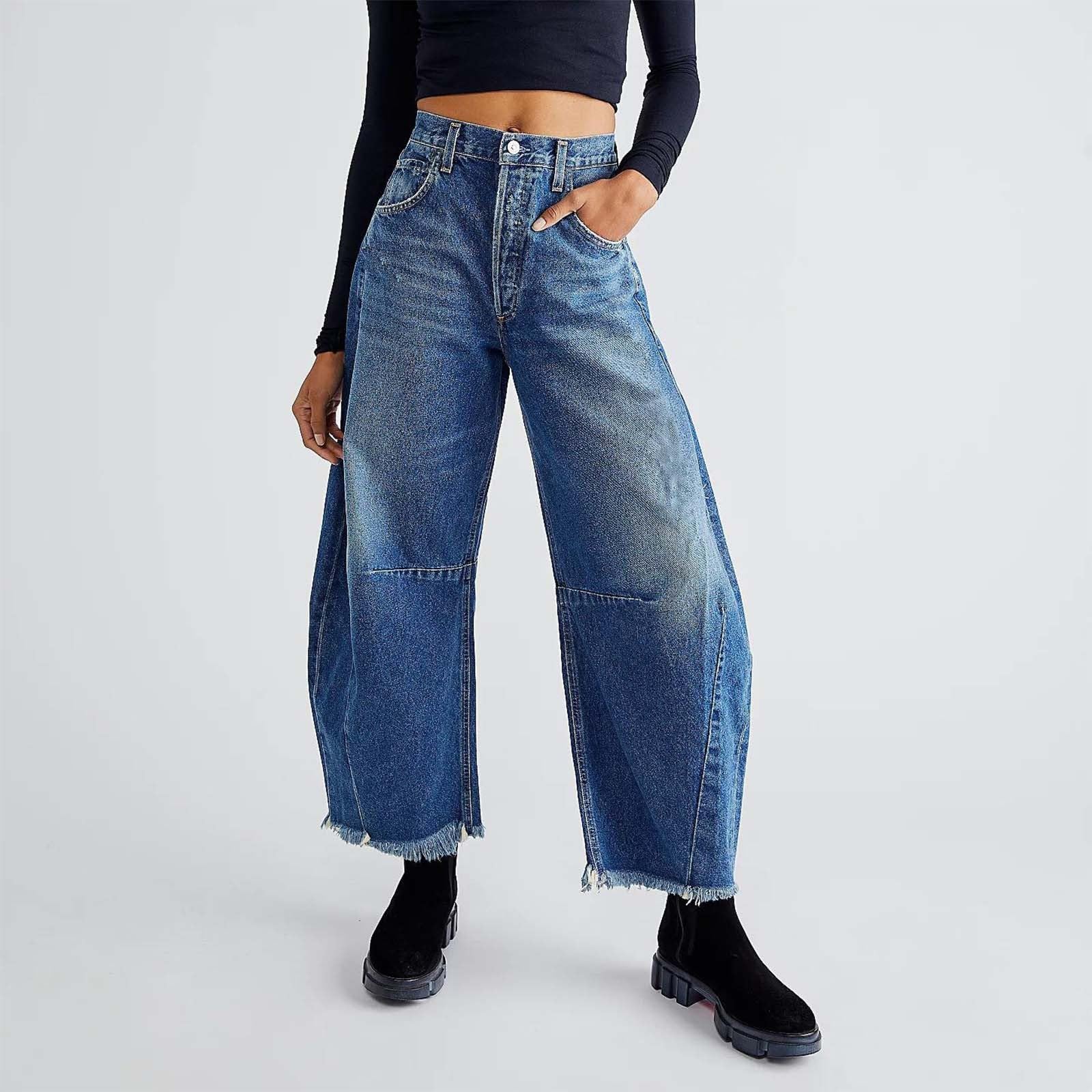 Jean vintage pour femme - Taille moyenne - Jambe large - Pantalon ample avec poches, bleu, M