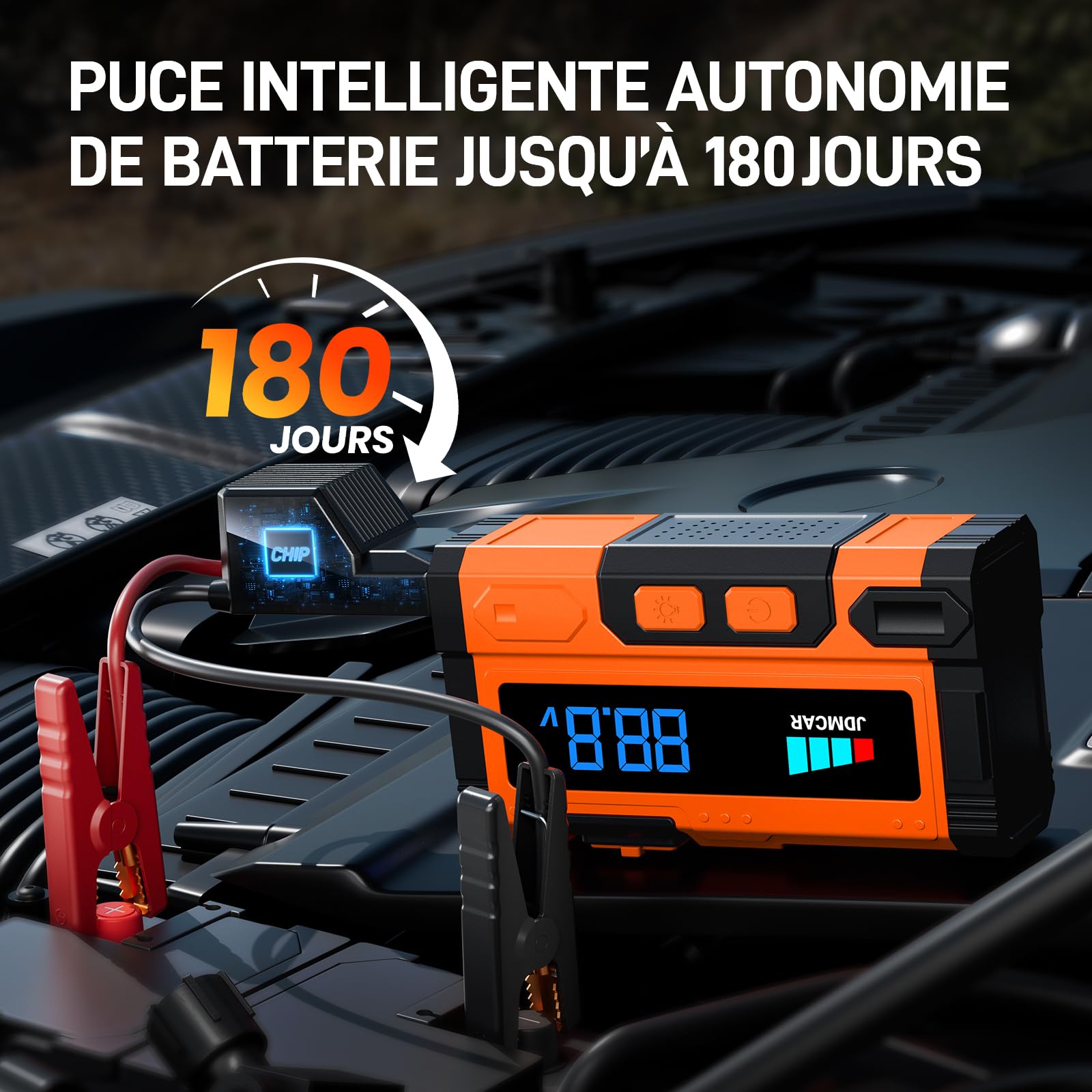 JDMCAR Booster Batterie Voiture 𝟏𝟎𝟎𝟎𝟎𝐀 - 𝟏𝟒.𝟖𝐕 Démarreur Batterie Voiture (jusqu'à10,0L Gaz/9,0L Diesel), Jump Starter avec LED, Booster Pinces Intelligentes, Protections Multiples Auto Moto