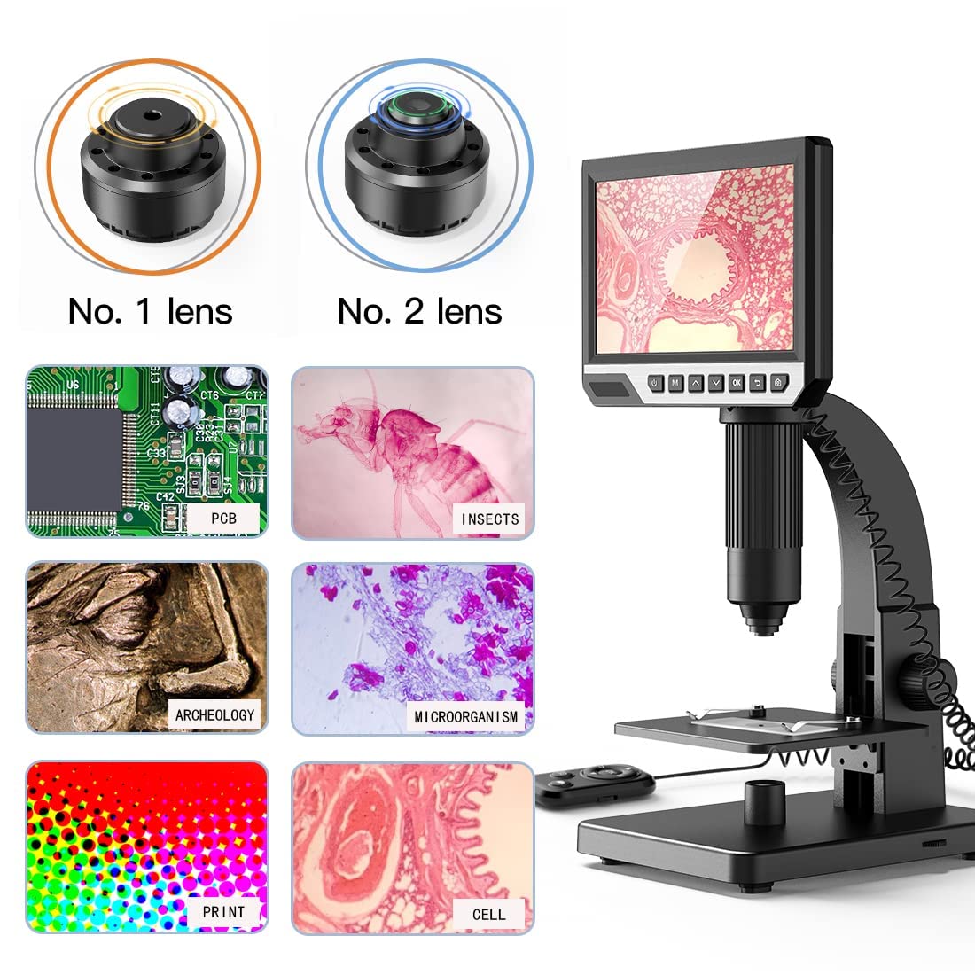 Microscopio digital LCD, microscopio biológico de 2000X y lente microbiana, pantalla IPS de 7 pulgadas, 10 LED resaltados y 1 LED superbrillante, resolución de 12 MP, con tarjeta SD de 32 GB