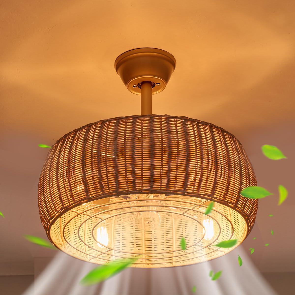 18" Bamboo Rattan Caged Ceiling Fan with Lights Remote,4-Light Gold Boho Chandelier Ceiling Fan with Light and Reversible Motor,Wicker Chandelier Fan for Bedroom, Living Room