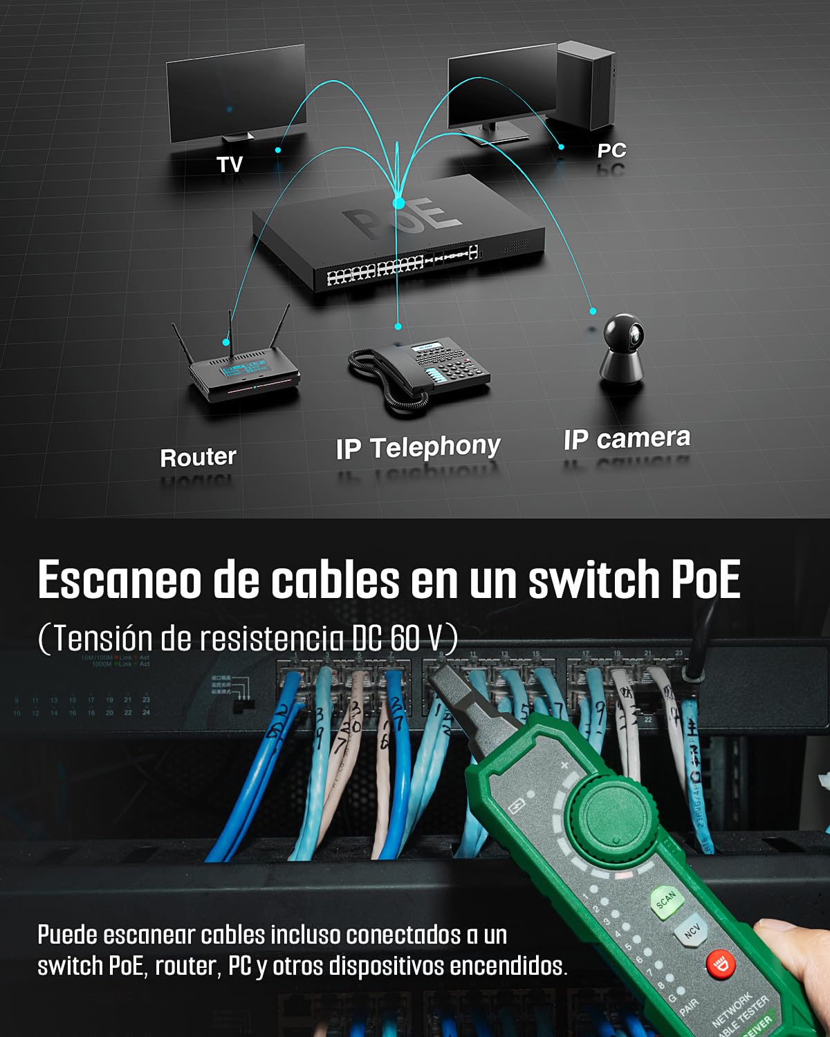 TESMEN TLP-900AR Comprobador de cables de red, RJ11 RJ45, para CAT5/6/POE/STP, con emparejamiento, Continuidad, QC&NCV, apto para Ethernet, Teléfono, mantenimiento y clasificación de cables -verde