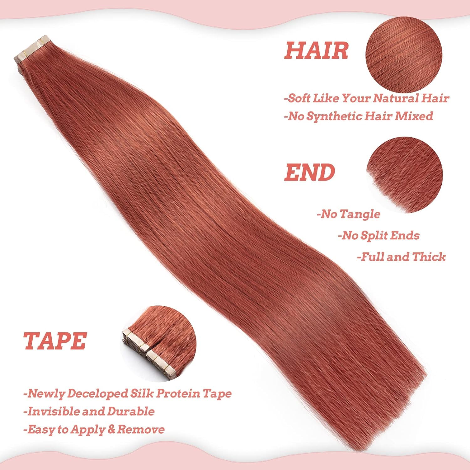 Hotlulana Extension Capelli Veri Biadesivo Rosso rame(#350)Extension Capelli Veri 20Pollici 20pcs 50cm 50g Invisible Extension Biadesive Capelli Veri Remy Skin Weft Tape in Hair Extensions Human Hair