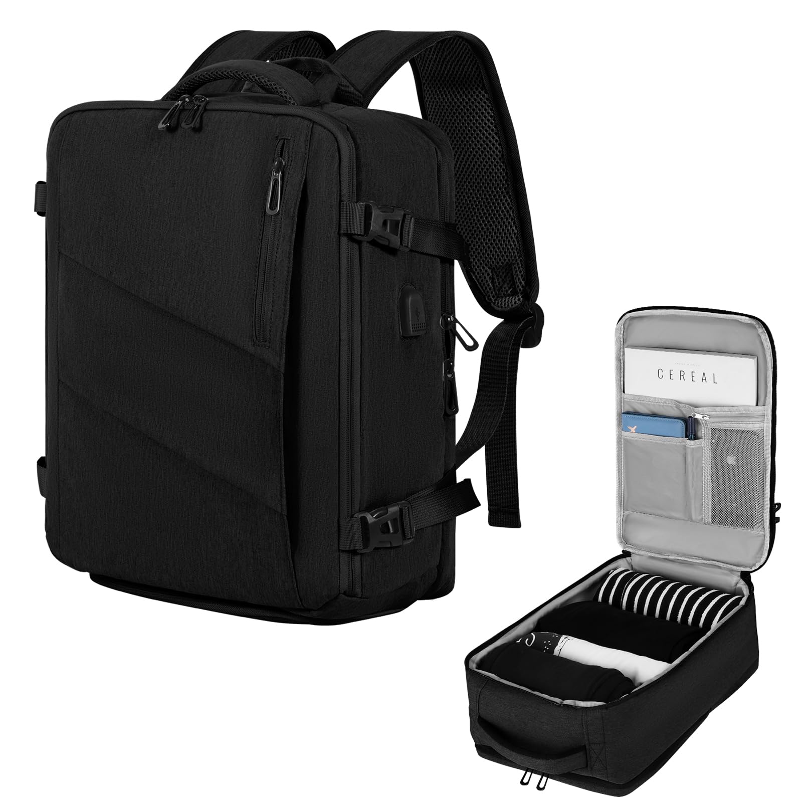 VOESLD Zaino 45x36x20 per Easyjet, Zaino da Viaggio Aereo Bagaglio a Mano Nero Zaino Porta PC Donna Uomo Impermeabile Zaino Bagaglio a Mano per Tutte le Principali Compagnie Aeree, con Porta USB, 32L