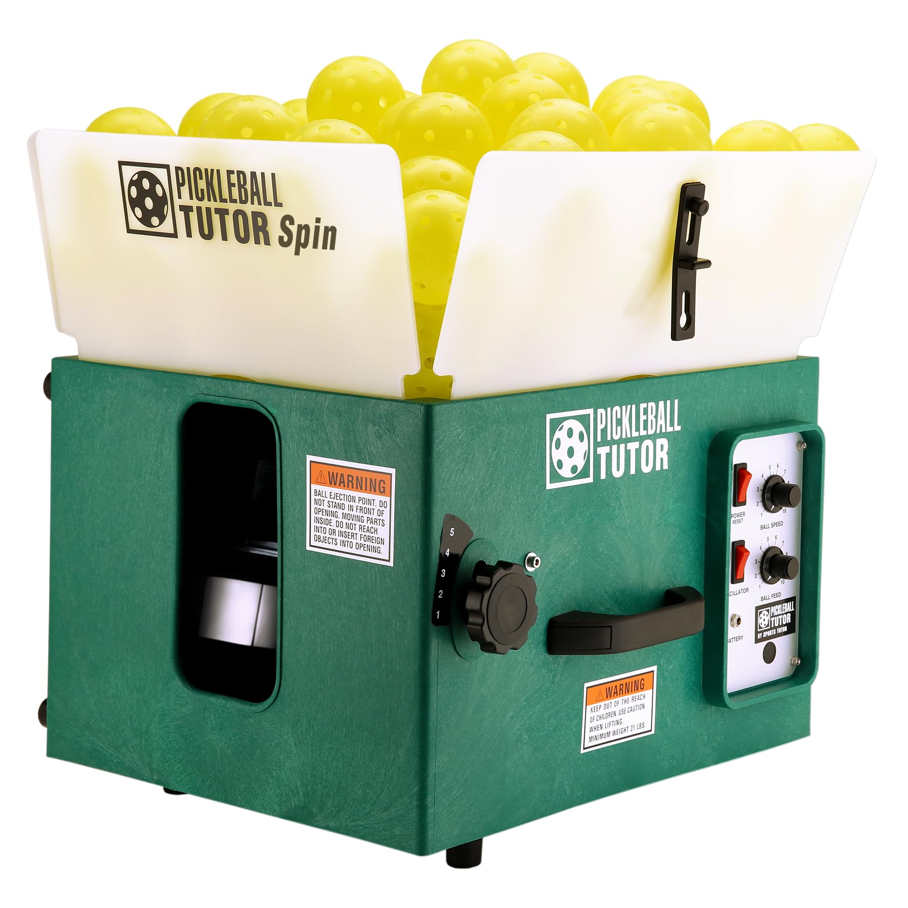 Pickleball Tutor Spin Model Ball Machine. Variable SIDESPIN. Speed 60 MPH. Random Oscillator. Made in USA by #1 Pickleball Machine Company.