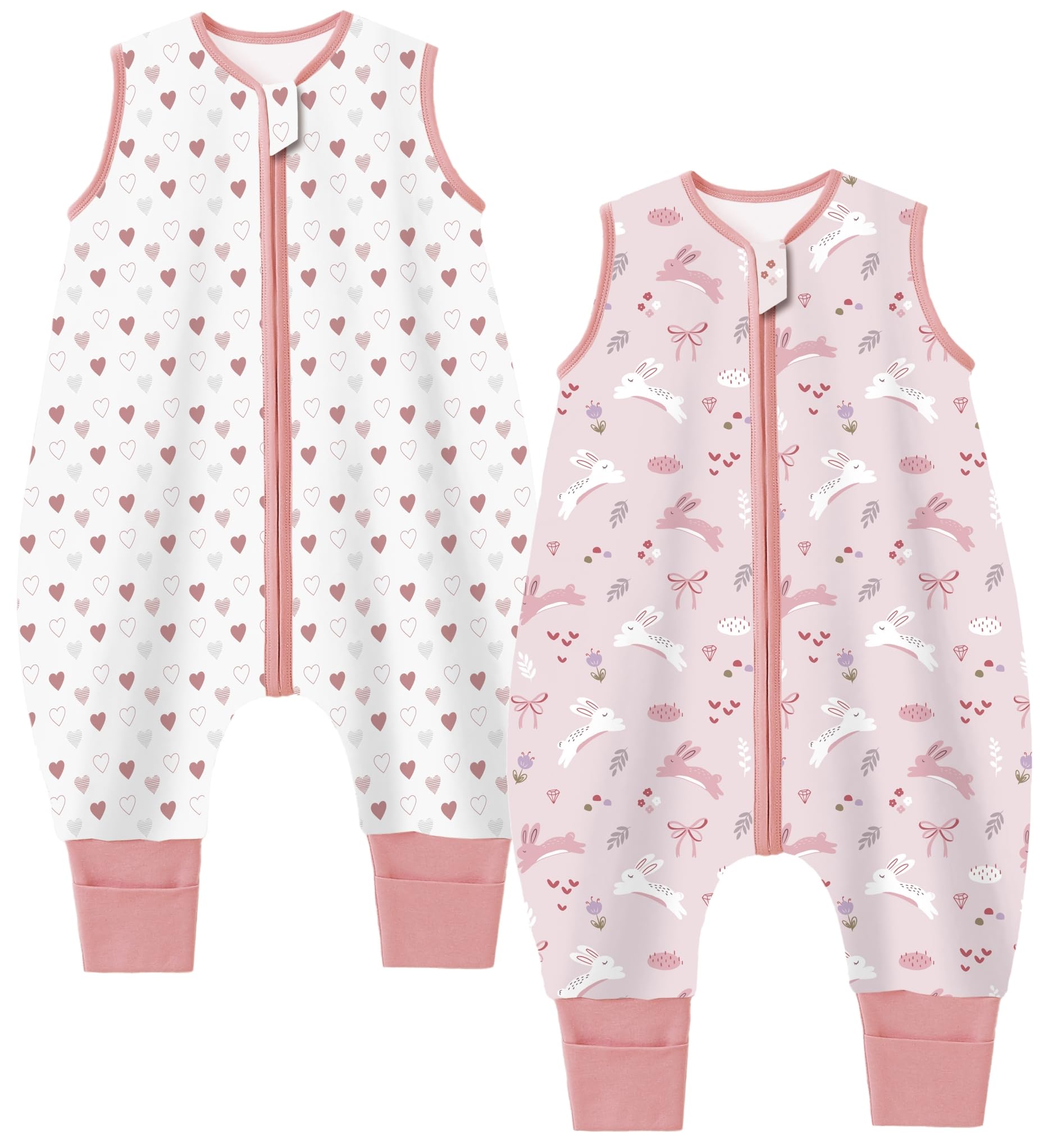 Teechodina Baby Schlafsack mit Füßen 2er Pack 100% Baumwolle 1.5 Tog Kinder Ganzjahres Schlafsack mit Beinen für Jungen Mädchen