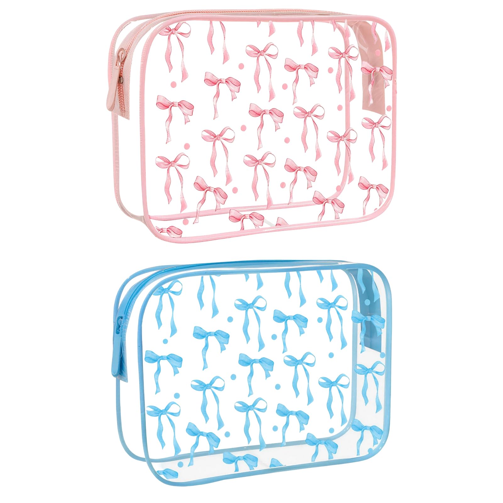 clear makeup bags, travel wash bag with pink bow design, waterproof toiletry bag for daily organisation, two pack blue and pink cosmetic pouches measuring 20 x 15 x 6 cm