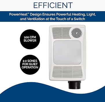 Broan 100HL Bathroom Fan, 100 CFM for 4 Ducts w/100W Max Incandescent Light (Not Included) & Heater - White