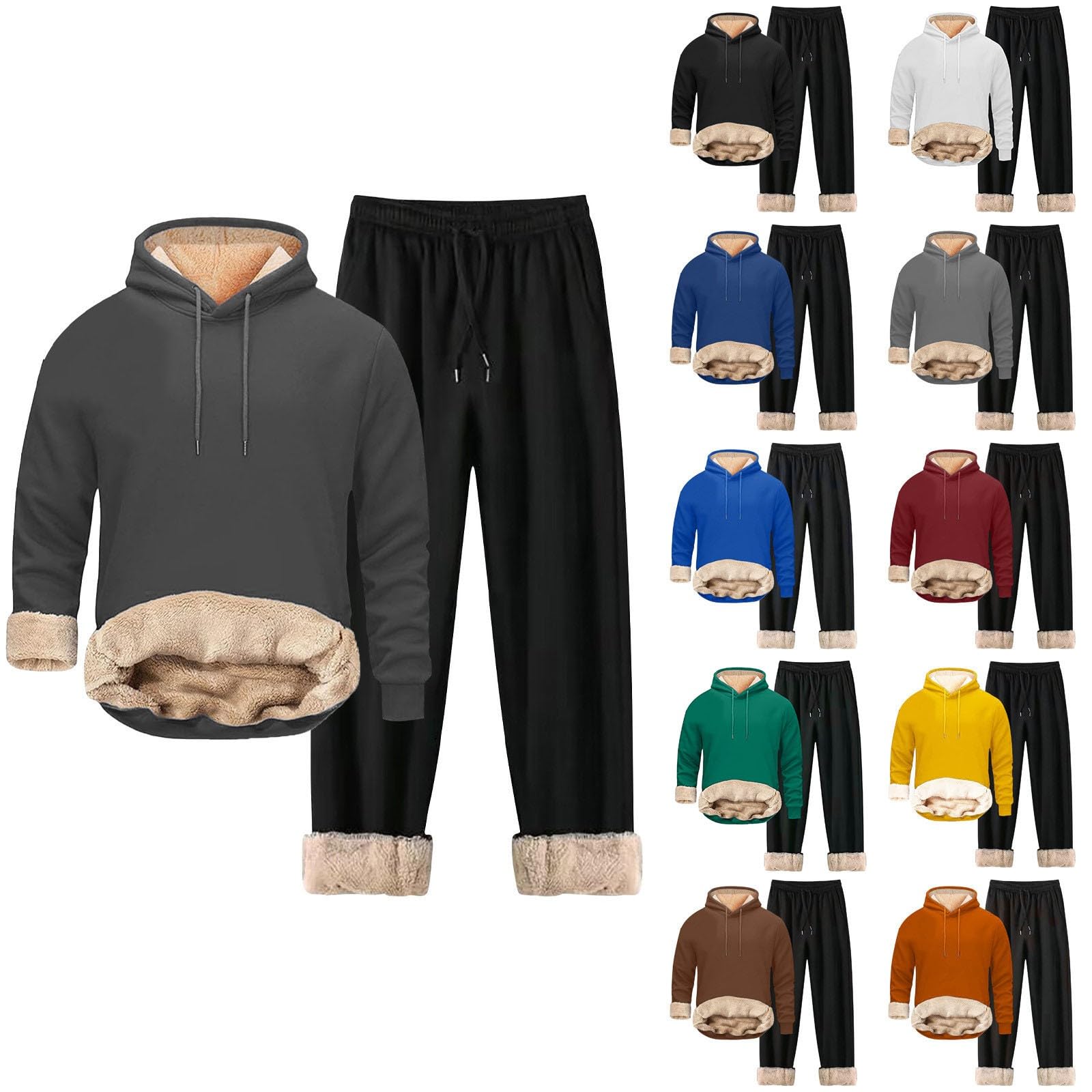Generisch Conjunto de chándal térmico para hombre, a prueba de viento, sudadera de forro polar cálido, sudadera de invierno engrosada, sudaderas acogedoras con forro polar, ropa deportiva suave
