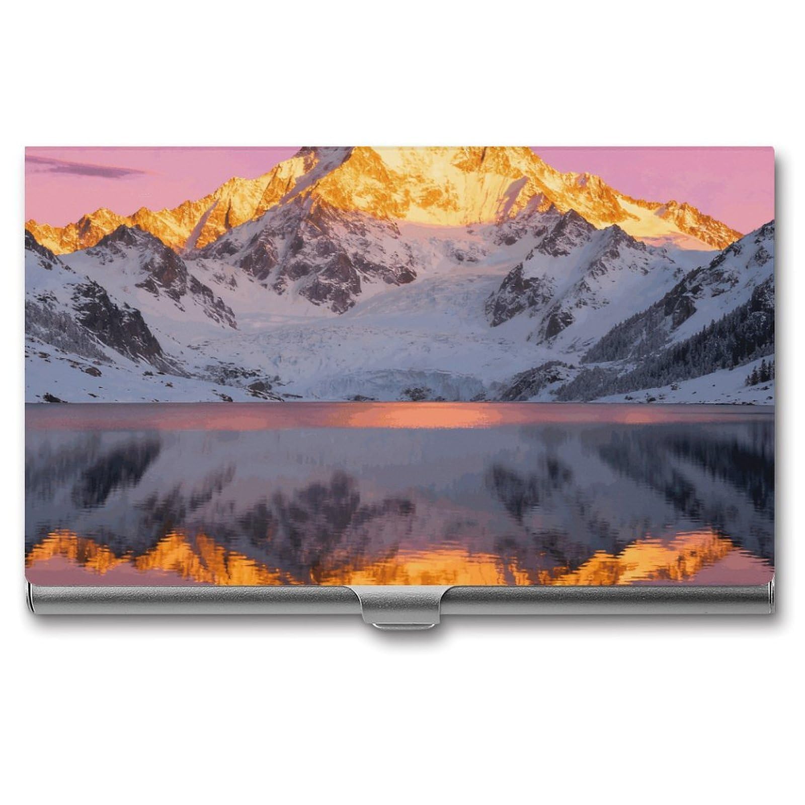 DWVTSLH Snow Mountain Lake View Business Card Holder, Slim Portable Metal Business Card Case Pocket Wallet Professional Name Cards Holder for 22-30 Cards, Credit Card ID Case/Holder for Men Women