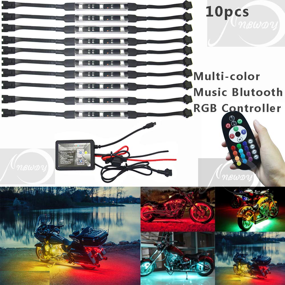 10pcs RGB Motorcycle LED Light Kit, DC 12V Waterproof Multicolor Neon Accent Glow Light Strips with APP RF Remote Control for Motorcycle Golf Cart SUV ATV Scooter