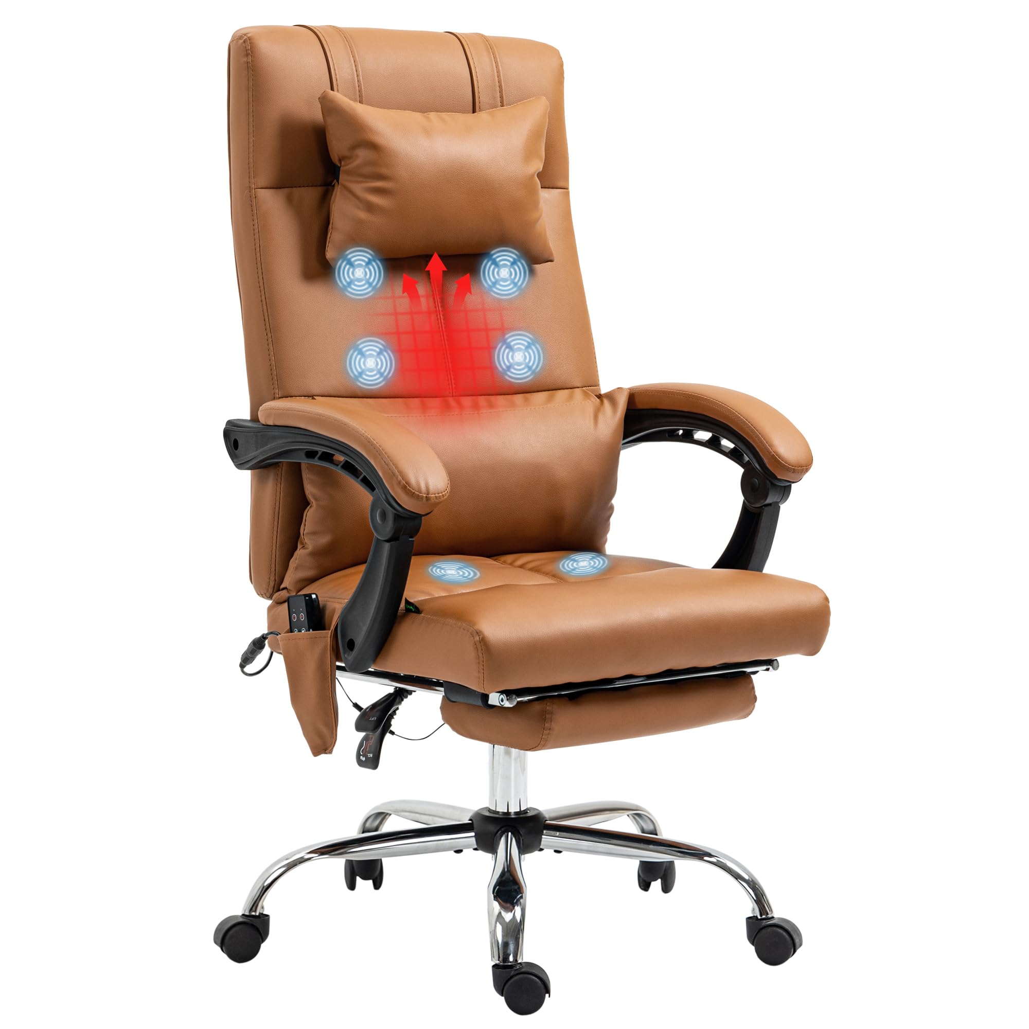 Vinsetto Silla de Oficina Ergonómica con Masaje y Calefacción, Silla de Escritorio Reclinable de Altura Ajustable con Respaldo Alto y Reposapiés, Cuero de PU para Ordenadores, Marrón Claro