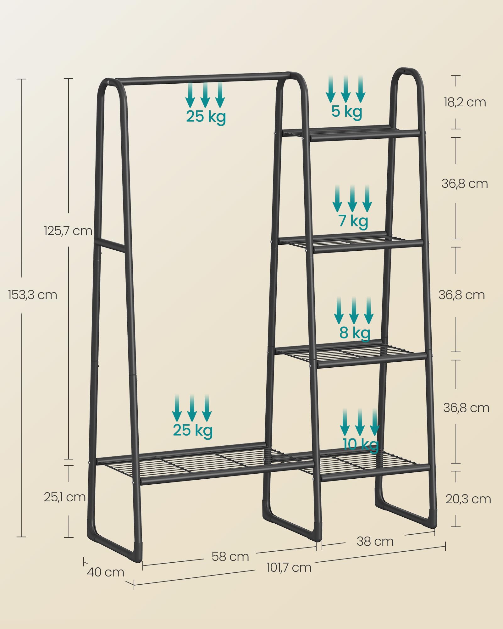 SONGMICS Kleiderständer, Wäscheständer mit 5 Ablagen, Metallrahmen, 40 x 101,7 x 153,3 cm, für Schlafzimmer, Wohnzimmer, Eingangsbereich, tintenschwarz HSR138B01