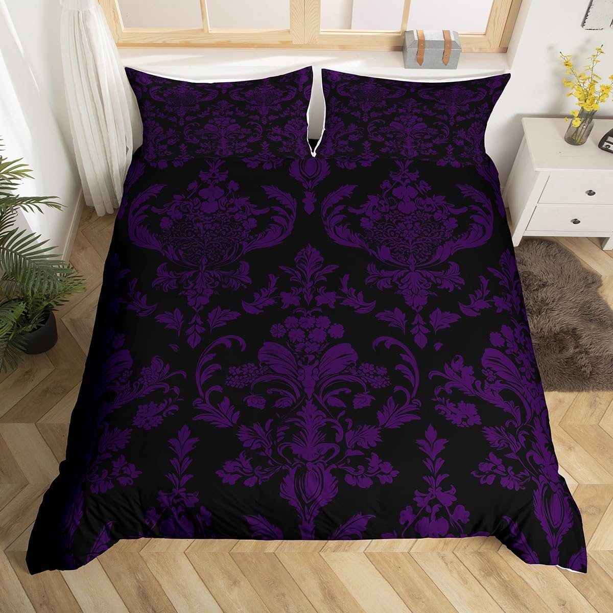 Feelyou Purple Black Vintage Damask Floral Duvet Cover Set Gothic Bohemia Floral Bedding Set King Size for Kids Boys Girls Oriental Antique Comforter Cover Luxury Flower Quilt Cover,No Comforter