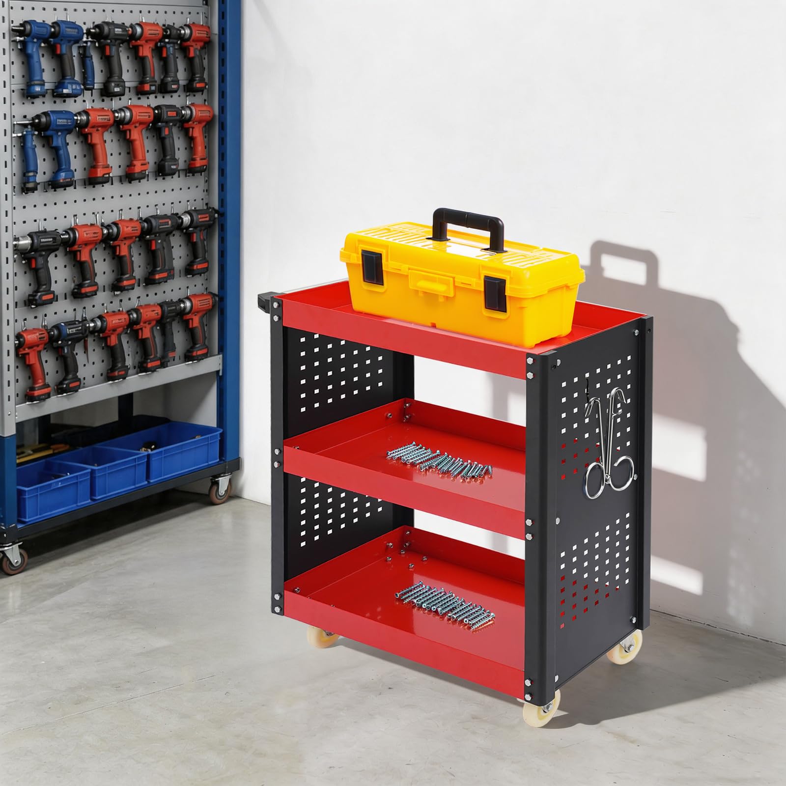 Werkstattwagen Transportwagen 120kg Tragkraft, 3 Etagen Rollwagen (Rot)