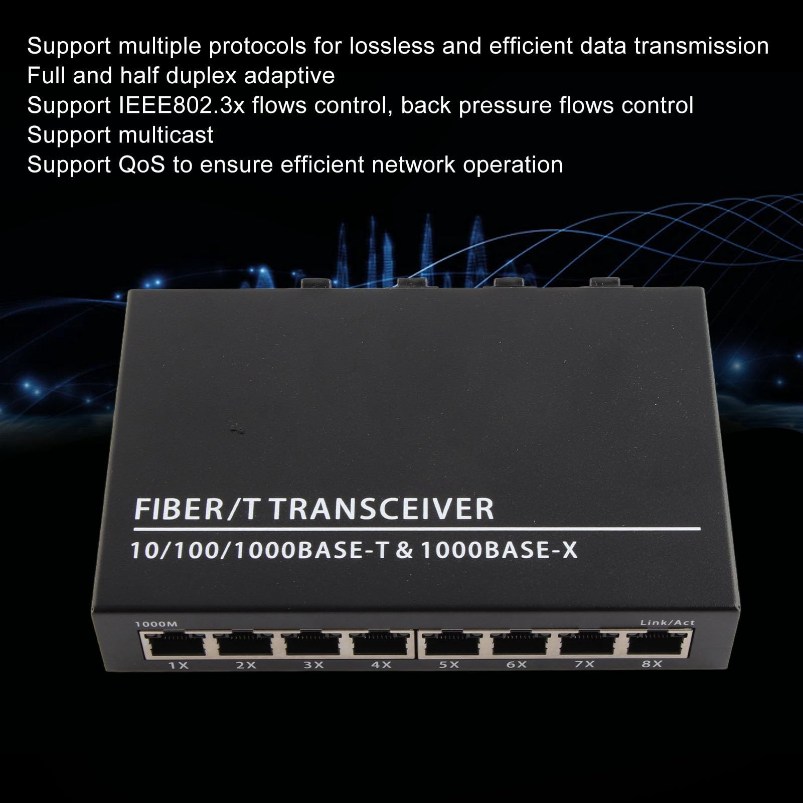 Airshi Convertisseur de Média Fibre Ethernet, Convertisseur de Média Fibre SFP en Métal 8 Ports électriques RJ45 Port 4 Ports Optiques 100-240V jusqu'à 120 Km pour la Maison (Prise UE)