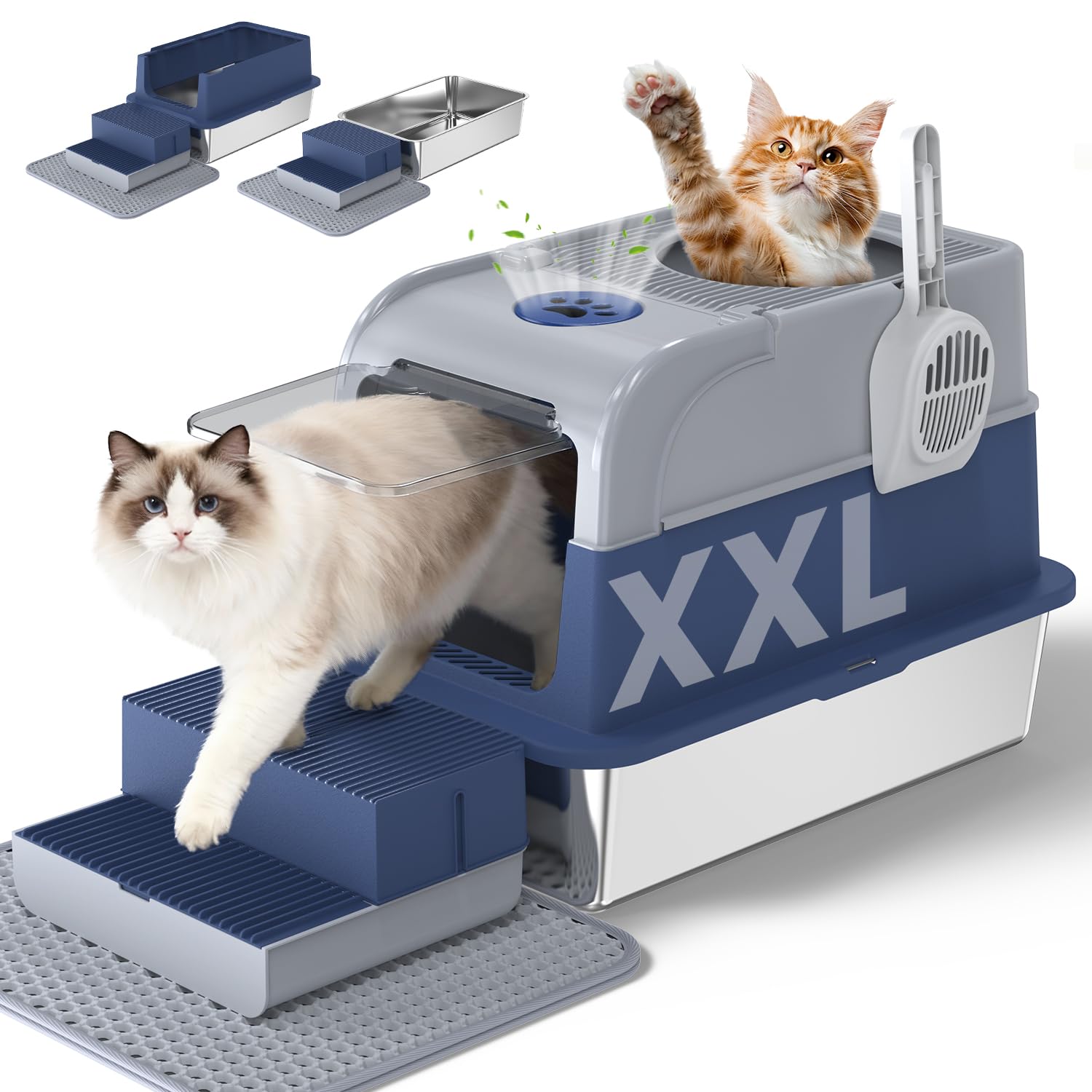 Stainless Steel Litter Box with Lid, XXL Top Entry Extra Large Litter Box Enclosure for Kitty & Big Cats, Non-Stick Metal Cat Pan with Dual Storage Footboard, Trapping Mat & Scoop Included