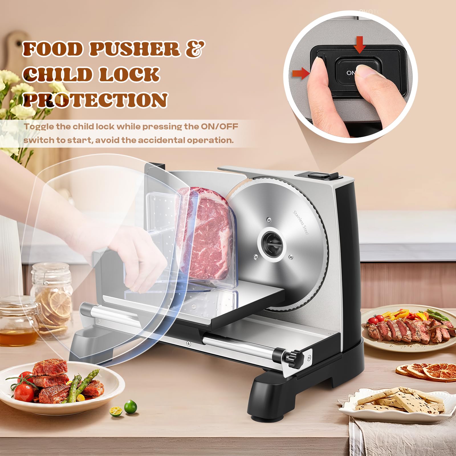 Affettatrice elettrica per carne, con protezione per bambini, spessore regolabile 0-18 mm, doppie lame in acciaio inox da 19,1 cm, per formaggio, verdura, prosciutto