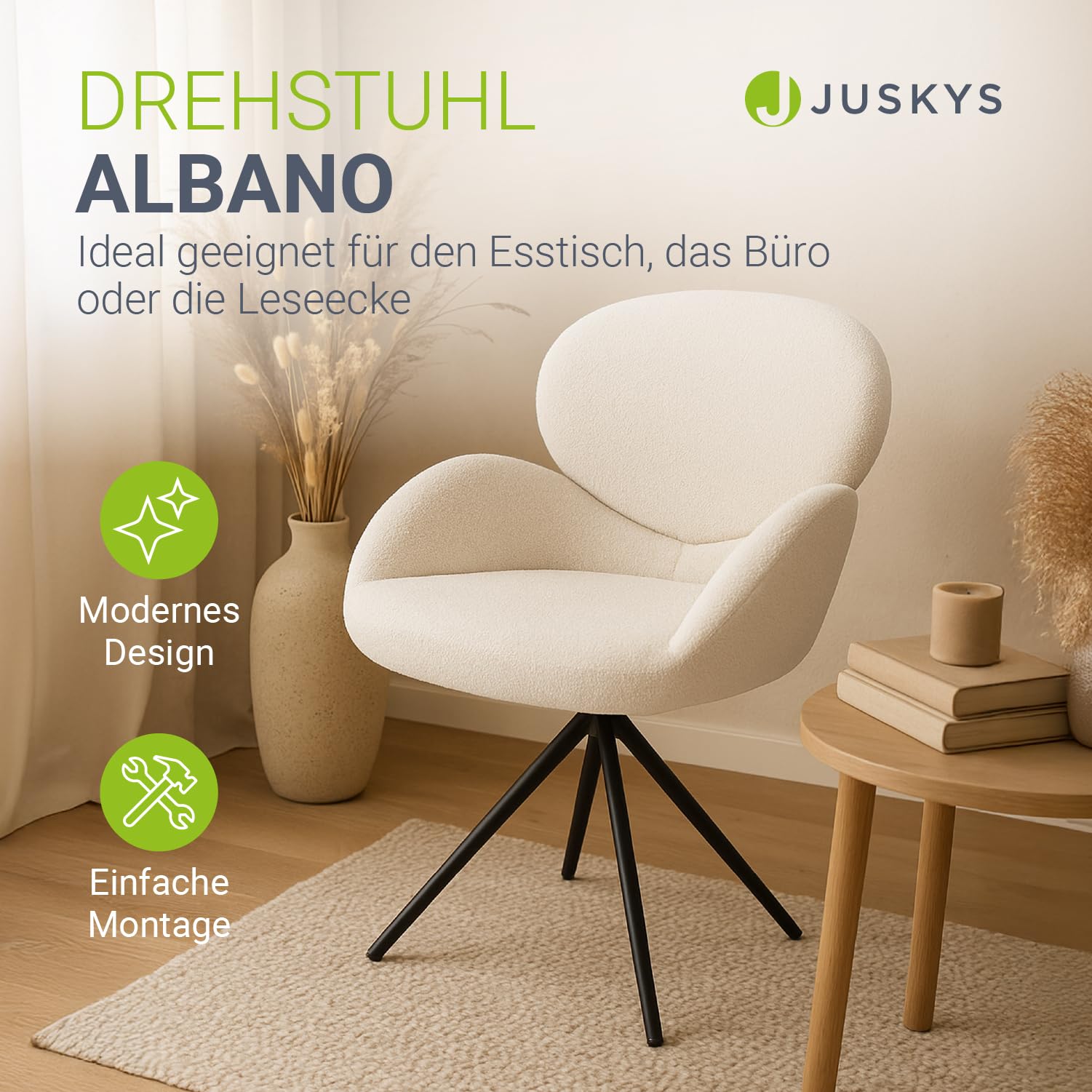 Juskys® Drehstuhl Albano - Bouclé - 360° drehbar & gepolstert, pflegeleichter Bezug, verstellbare Metallfüße, modern, für Esszimmer & Küche - Creme