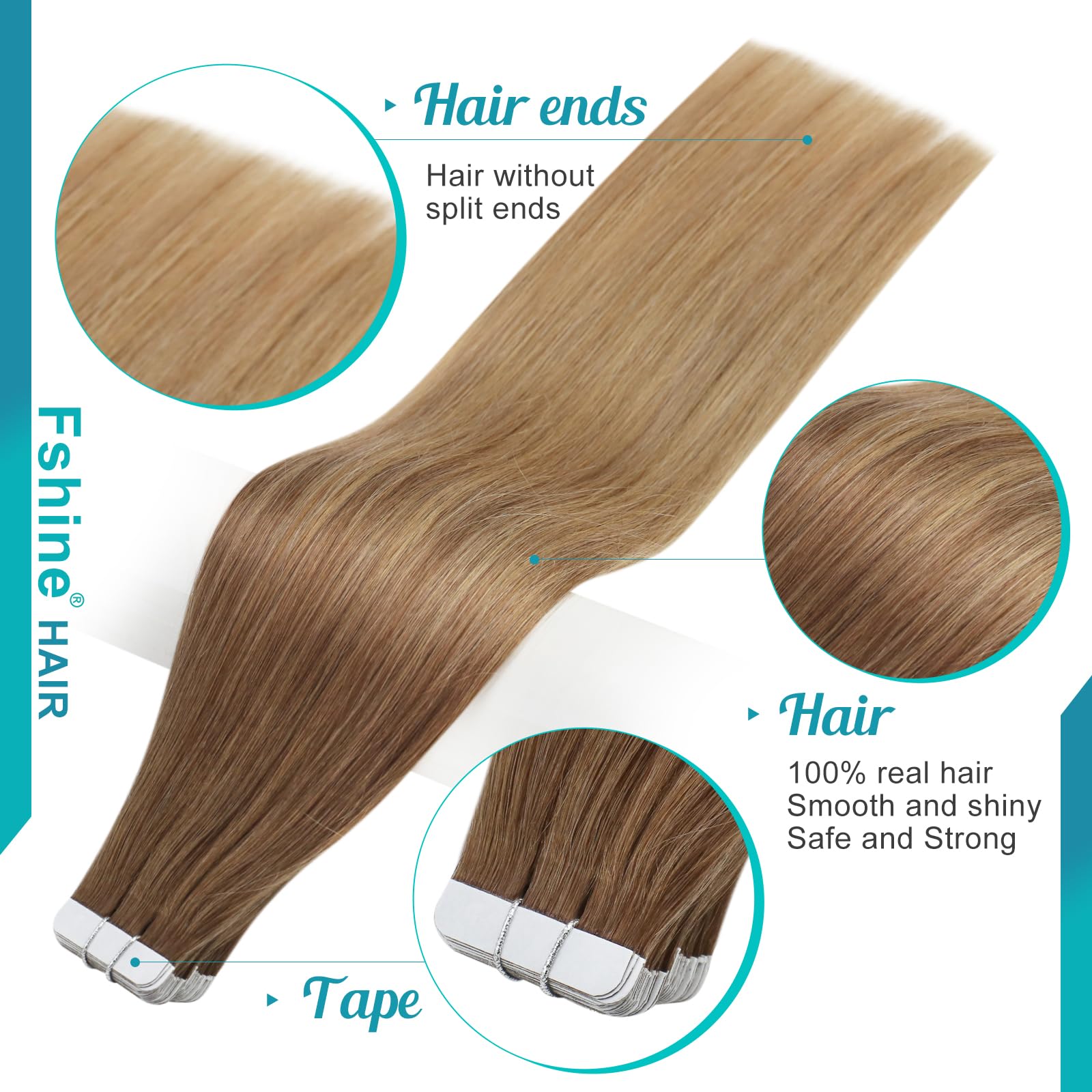 Fshine Adesive Extension Capelli 50g 35CM 20Pcs Extension Capelli Veri Biadesive Balayage Marrone Cioccolato A Biondo Sporco Extension Invisibili Capelli Biadesive Tape Human Hair Extension #10/14
