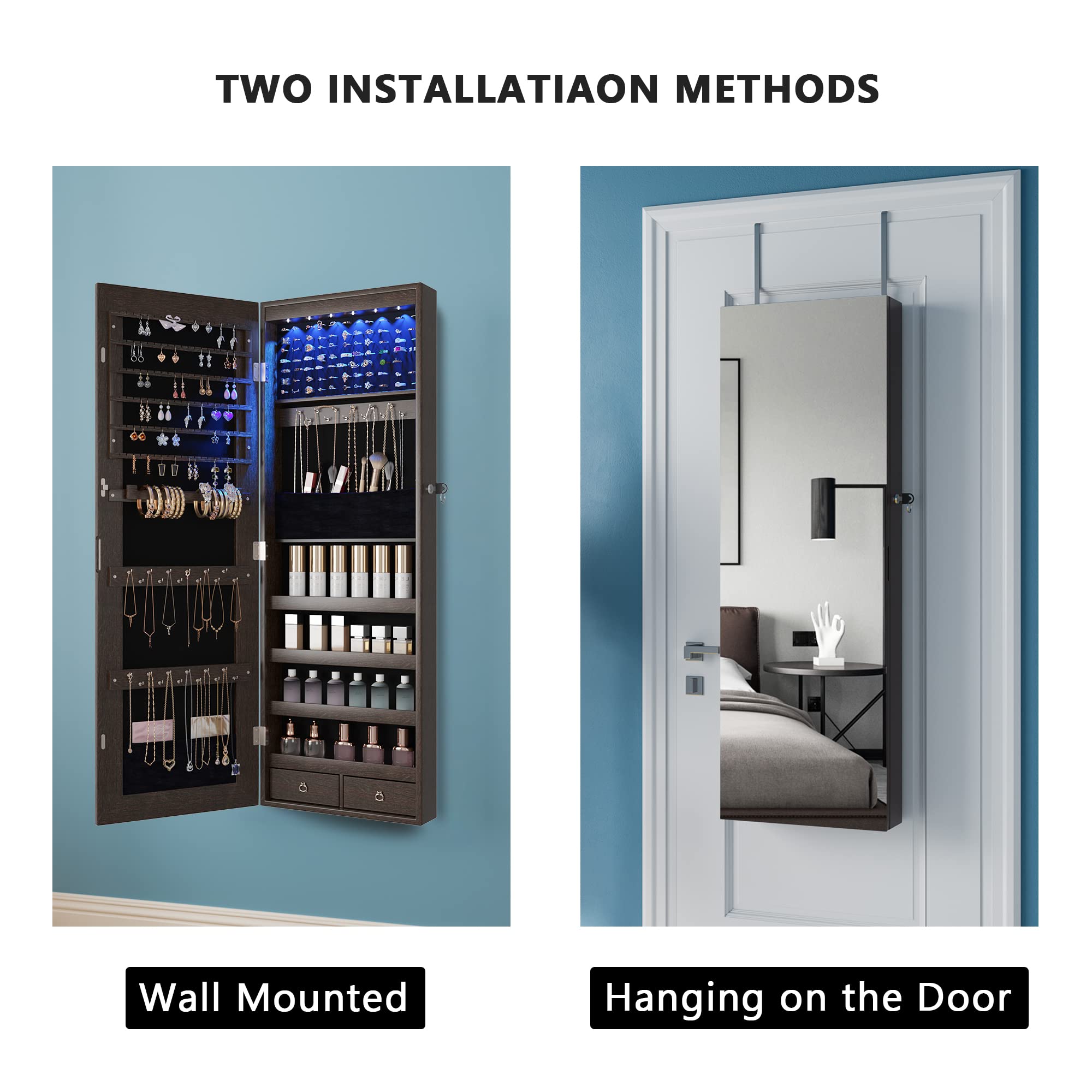 HNEBC Wall Mounted Jewelry Organizer with 6 LED Lights, Jewelry Armoire with Mirror, Full Length Mirror Jewelry Cabinet, Mirror with Jewelry Storage, Wall Mounted/Door Mounted/Jewelry Armoires (brown)