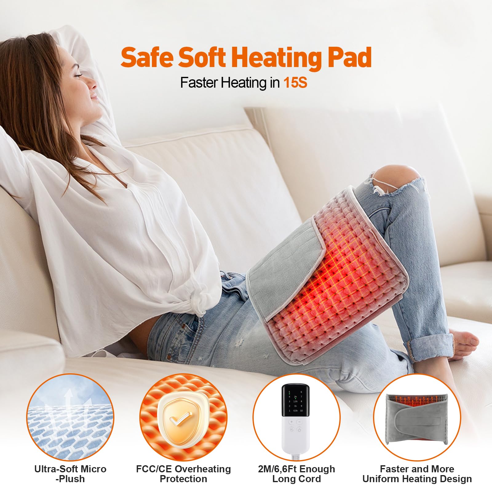 Ceinture Chauffante Lombaire, Coussin Chauffant Electrique 125 x 30 cm avec Poche pour Chauffe Main, pour le dos, le Ventre et la Taille, Chauffage Rapide, 4 Réglages de Minuterie, 10 Température