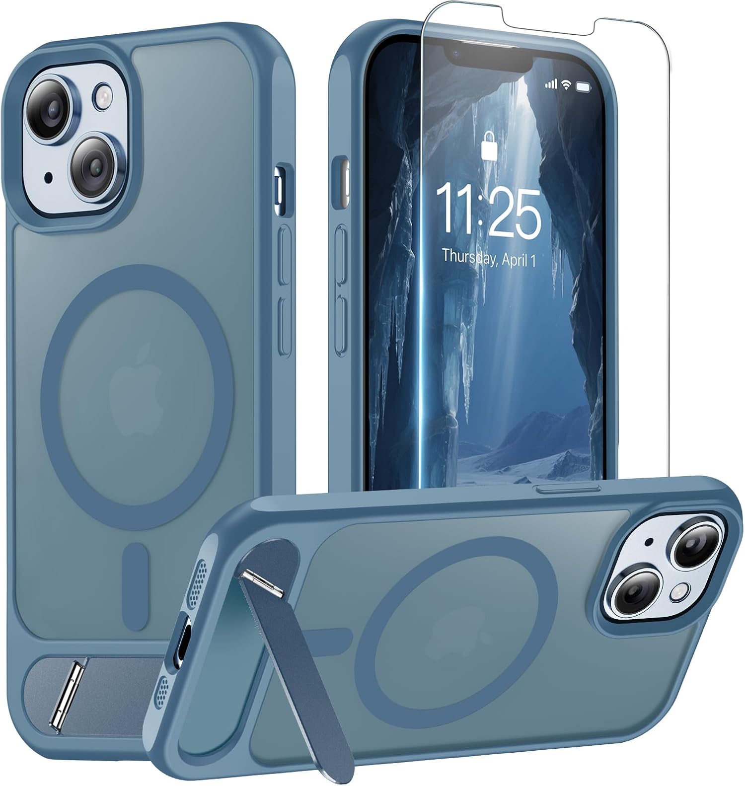 Magnetic for iPhone 14 Case & iPhone 13 Case (Built-in Invisible Kickstand)(Screen Protector)(Compatible with MagSafe)(Military Grade Shockproof) Translucent Matte Slim Phone Cover,Blue