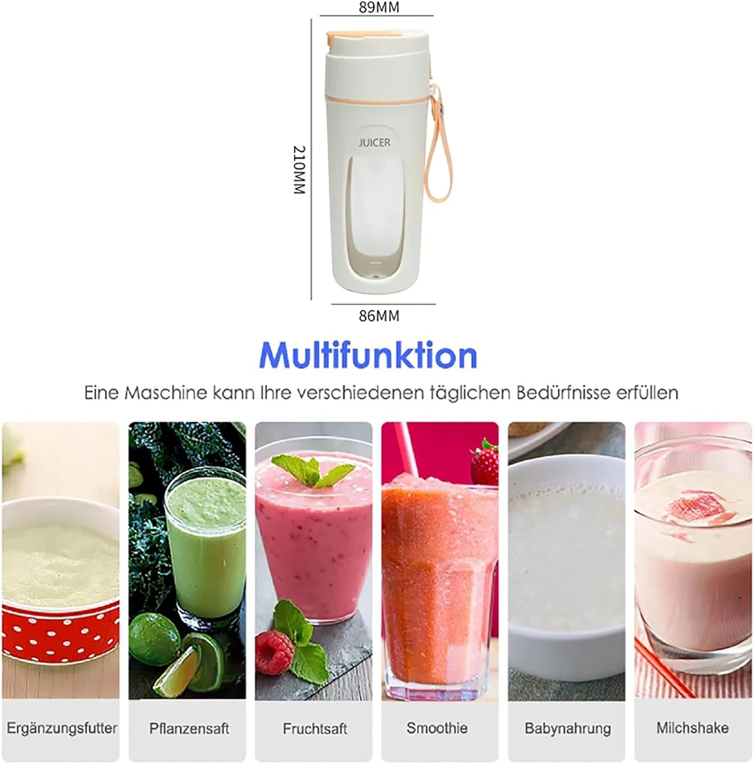 Personal Mini Juice Blender, Portable Rechargeable Fruit Mixer, 340ml Portable Juicer Cup with 8 Blades, 40s Blending Fast and Easy to Clean for Breakfast, Travel, Fitness
