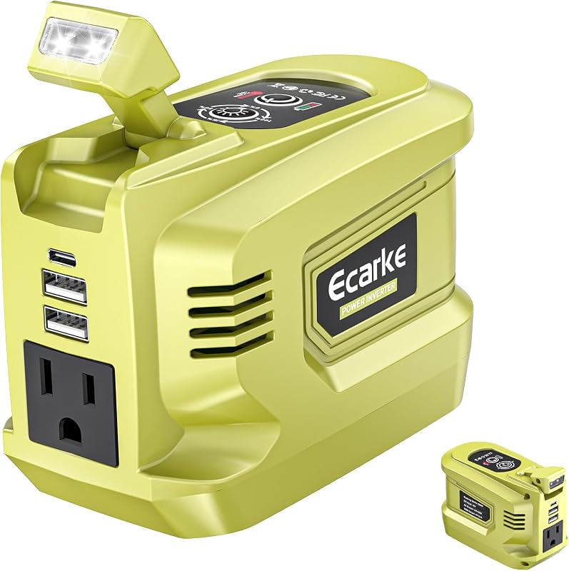 Ecarke Inversor de corriente portátil de 220 W compatible con batería Ryobi de 18 V (solo herramienta), estación de alimentación de CC de 18 V a CA de 110 V con 1 salida de CA, 2 USB-A, 1 tipo C y luz LED para acampar al aire libre de emergencia