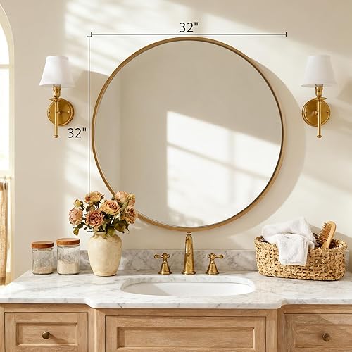 Miniatura 28 de HOMECOOKIN Espejo de pared redondo de 32 pulgadas, espejo circular dorado para baño con marco de metal, espejo dorado redondo para decoración