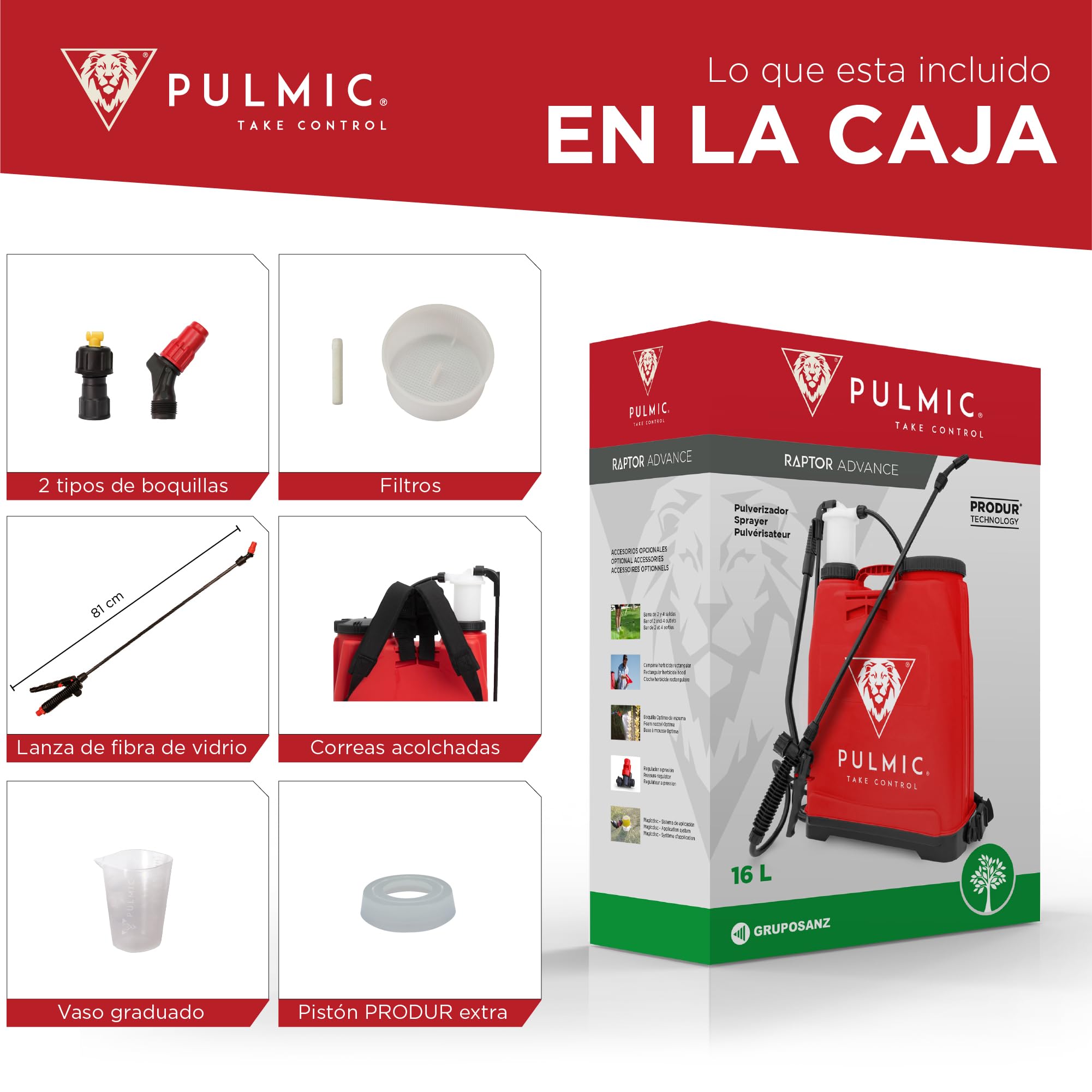 Pulmic Pulverizador Manual de Espalda 16L.Sulfatadora Profesional para Fumigar. Mochila de Pulverizar para Herbicida y Control de Plagas o Insecticida. Lanza Fibra de Vidrio 67cm. Fabricado en España.