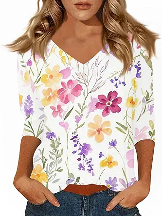 HTHLVMD Womens 3/4 Length Sleeve Tunic Tops Summer Fall Outfits 2025 Three Quarter Sleeve Casual V Neck T Shirts for Women