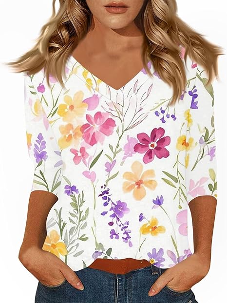 HTHLVMD Womens 3/4 Length Sleeve Tunic Tops Summer Fall Outfits 2025 Three Quarter Sleeve Casual V Neck T Shirts for Women