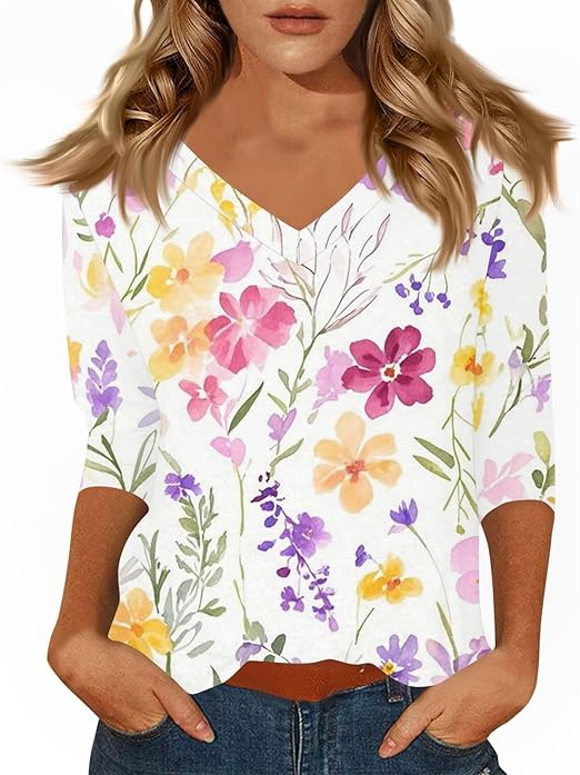 HTHLVMD Womens 3/4 Length Sleeve Tunic Tops Summer Fall Outfits 2025 Three Quarter Sleeve Casual V Neck T Shirts for Women