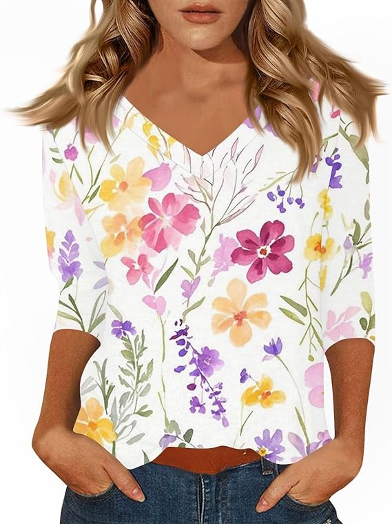 HTHLVMD Womens 3/4 Length Sleeve Tunic Tops Summer Fall Outfits 2025 Three Quarter Sleeve Casual V Neck T Shirts for Women