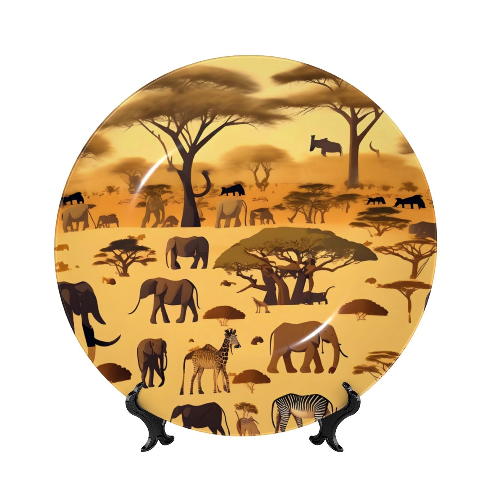 SXZVVBN African grassland animals Bone China Decorative Plate Art with Stand Removable Adhesive Hanging for Home Office 6in（15cm）