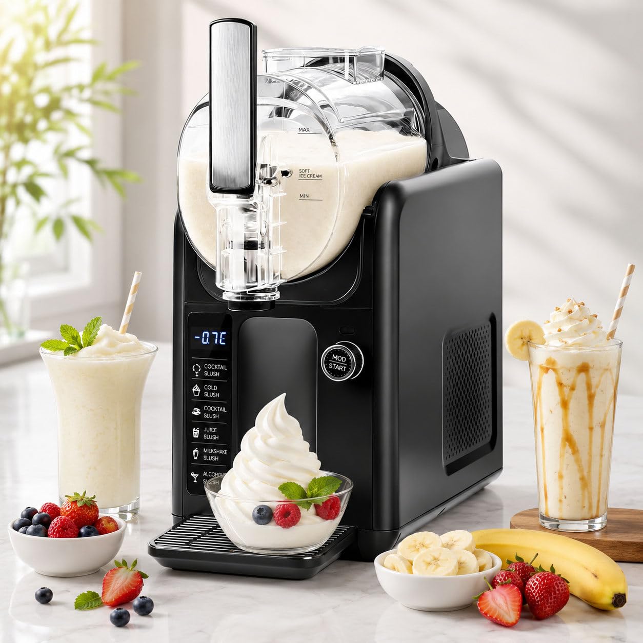 DIUNAOZI Slushie Machine, 2L,185W, 5-In-1 Slushy Machine-No Ice/Self-Cleaning,6 Preset Programs/360° Rotation/Quick cooling-For Slush,Cocktail,Frappé,Milkshake,Wine,12h Continuous Use Black-110v