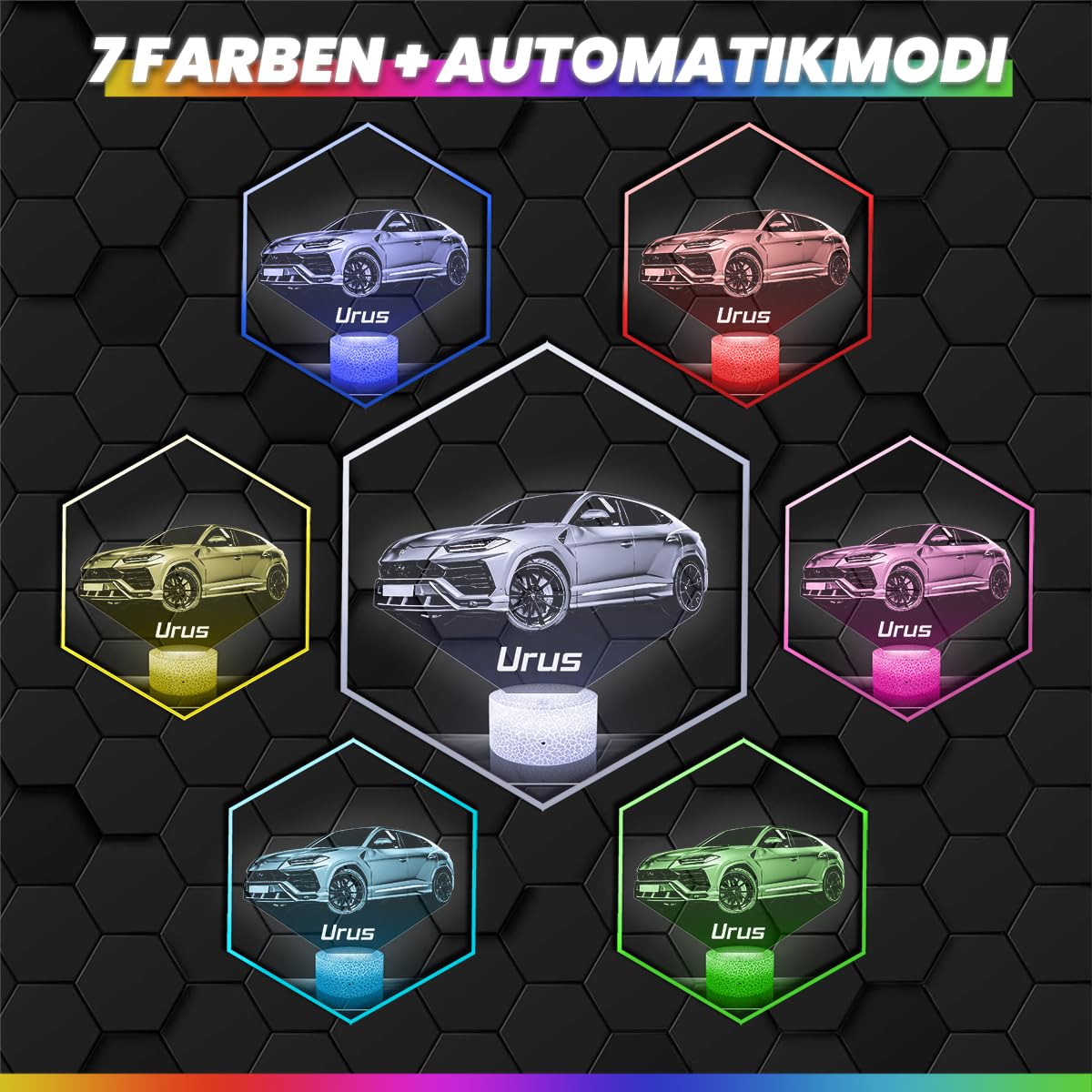 Lampephoto.fr - Auto Lambo Urus 3D Lampe, Touch Nachtlicht, Auto Geschenk, Supercar Tuning, 3D Led Illusion Geschenkidee Weihnachten Geburtstag Junge, Dekoration Kinder und Erwachsenenzimmer TOP