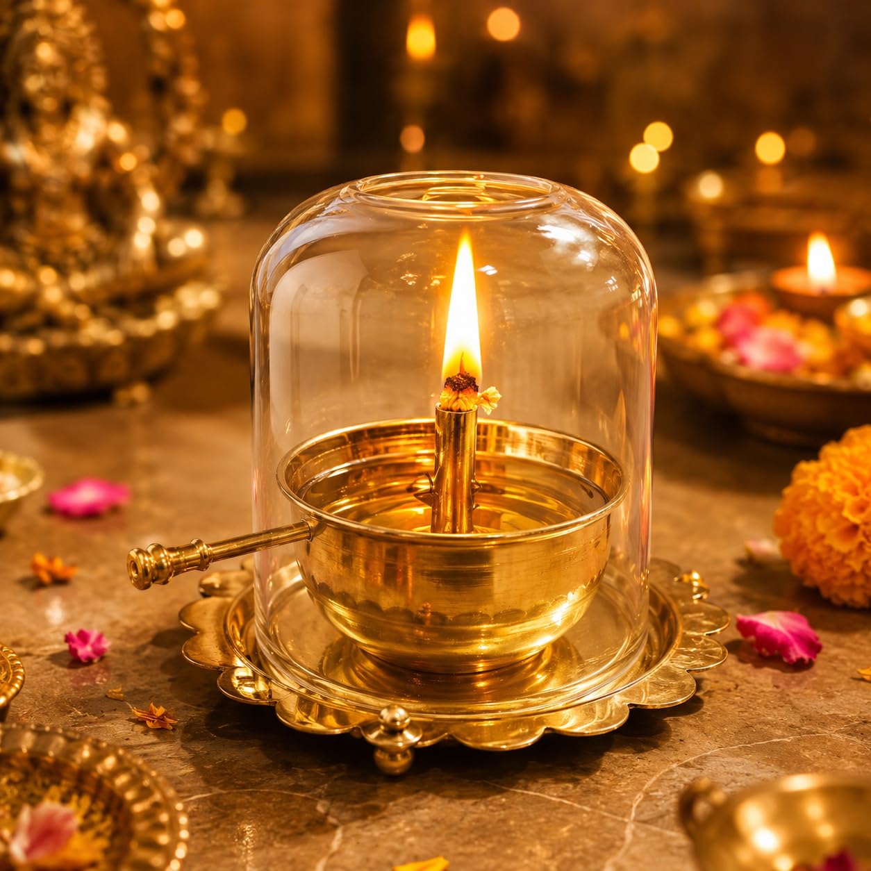 Pure Source India Pure Brass Akhand Jyot Diya with Adjustable Bati Knob, Wick Lifting Screw Lever & Borosilicate Glass Cover (5.5 Inch)-image-7