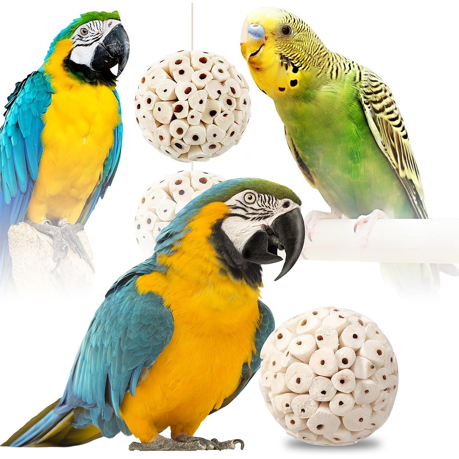 NAUZE 3Pieces Bird Natural Sola Balls Hanging Soft Sola Ball Beak Chew Shred Forage Toys Parrot Toys for Parakeet Mynah Budgerigar Love Birds Hamsters Rabbits - Image 4