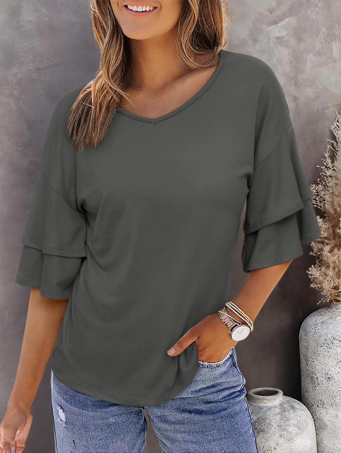 REORIA Shirts for Women's 2026 Ruffle Short Sleeve T Shirts Casual V Neck Cute Tops Fashion Blouse Clothes - Image 5