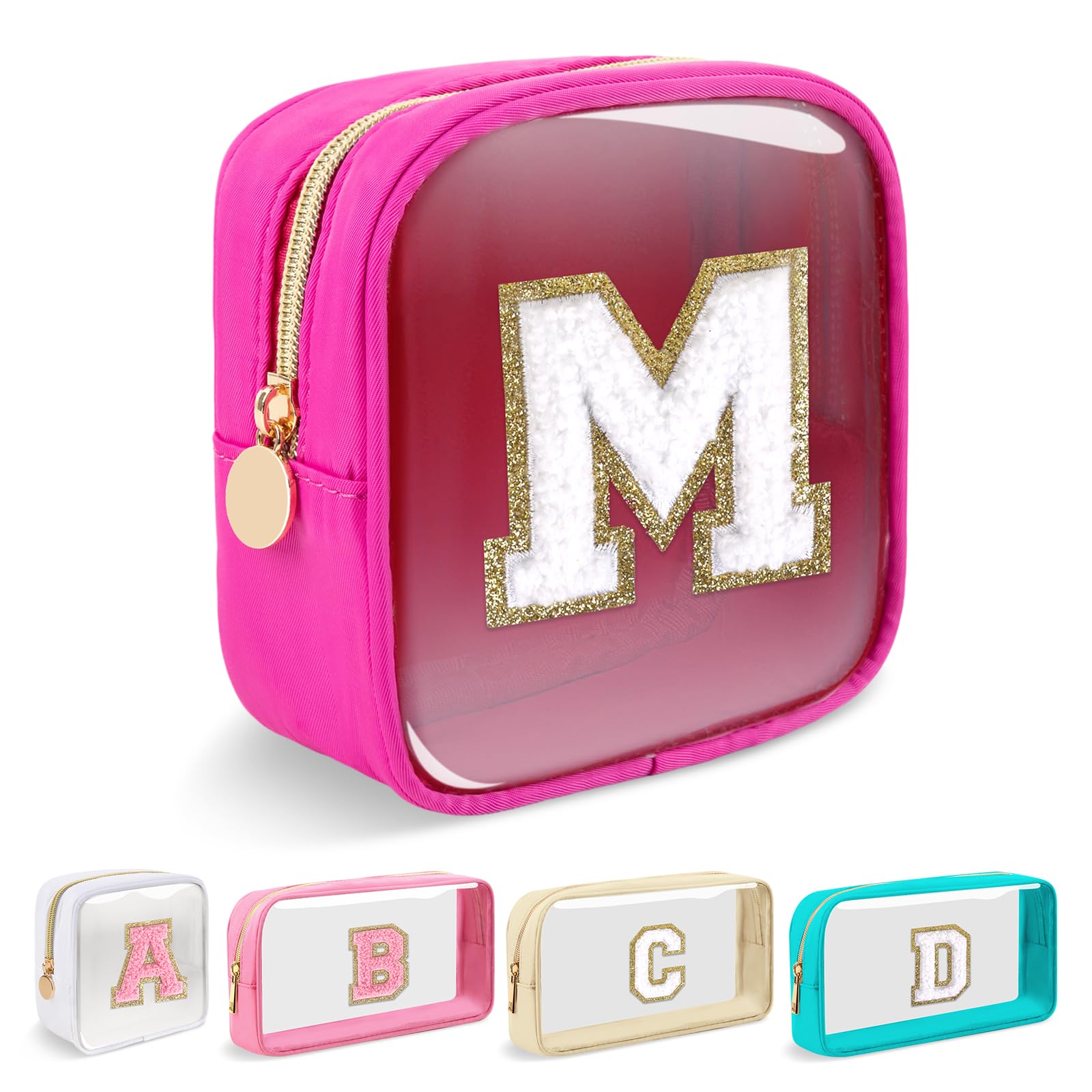 Mini Clear Personalized Initial Makeup Bag,Nylon Preppy A-Z Chenille Letter Patch Zipper Cosmetic Bag, Small Cute Beach Pouch Travel Purse Sanitary