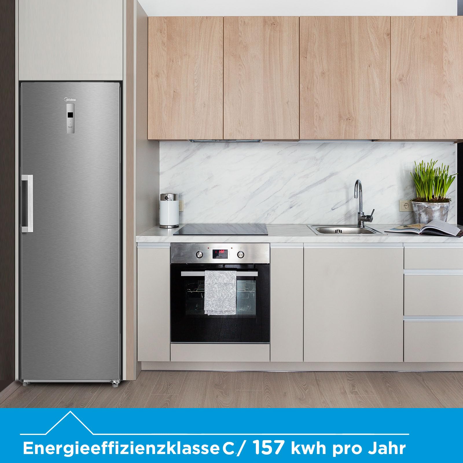 Midea Gefrierschrank & Kühlschrank in einem MDRU385MTC02 | 272L, 185 cm | Umschaltbarer Kühl- & Gefriermodus | NoFrost & Multi Air Flow | GMCC-Kompressor, 157 kWh/Jahr, Leise | Freistehend, Inox