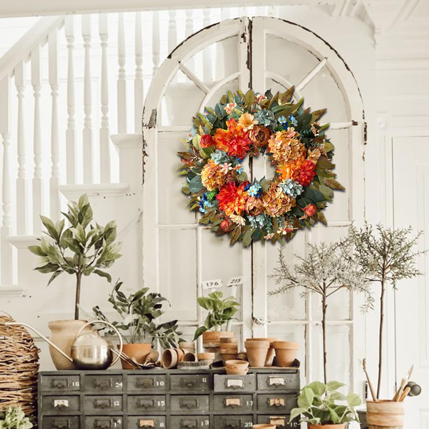 WANNA-CUL 24 Inch Fall Hydrangea Peony Wreath Front Door Wreath | Orange Dahlia Autumn Seasonal Wreath for Farmhouse Indoor Outdoor Spring Summer Thanksgiving Holiday Decor