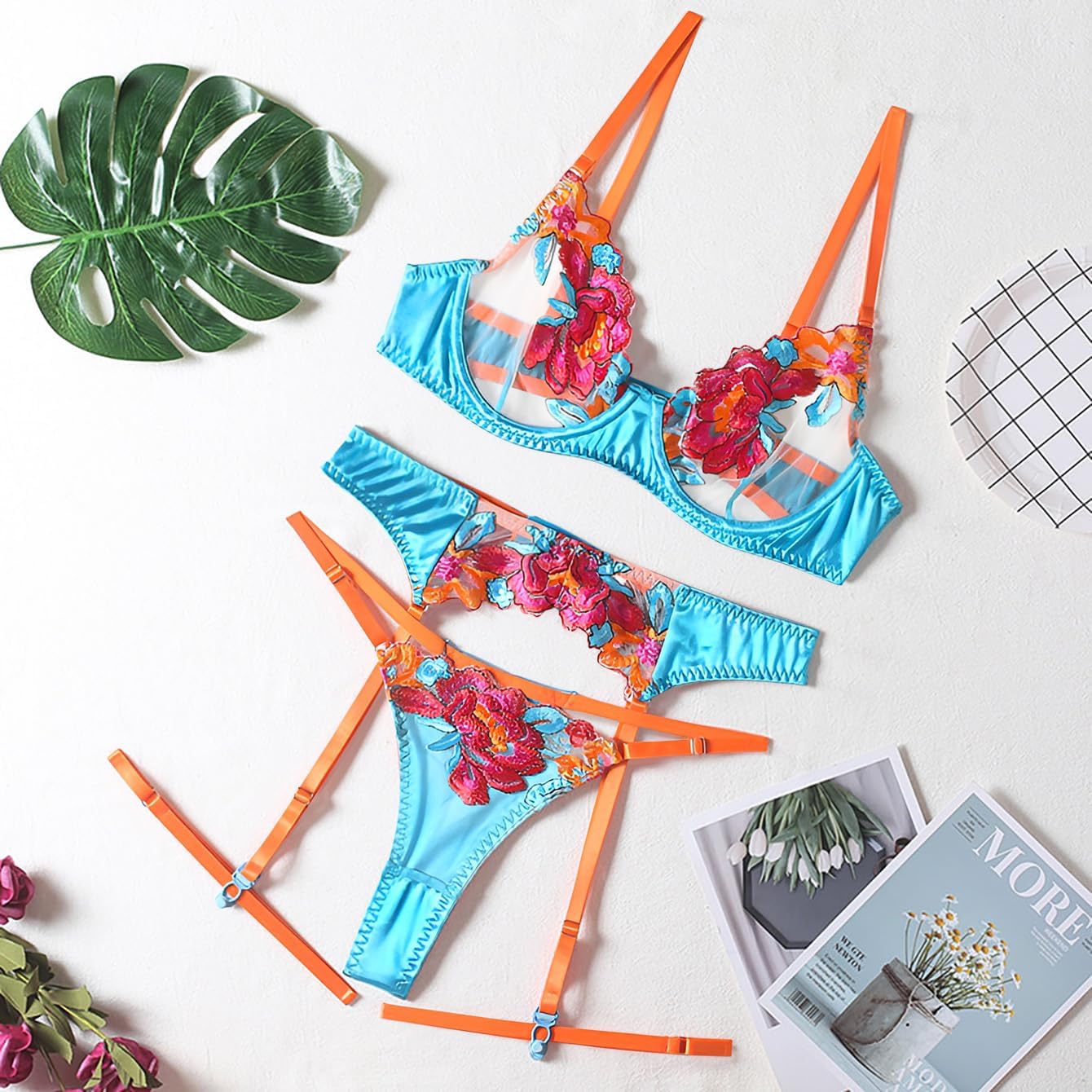 Sexy Leaf Floral Bordado Malla Sheer Mujeres Underwire Push Up Lingerie Set, azul (Flower Blue), M 4