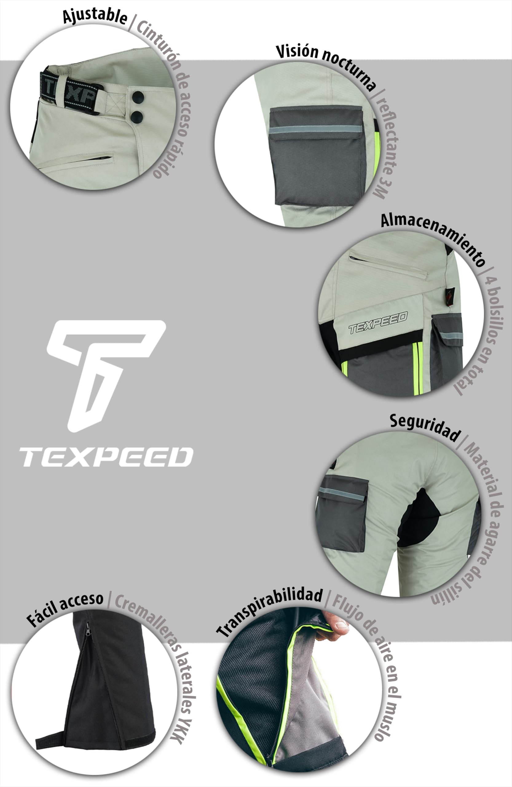 Texpeed Pantalones de moto hombre verano - Impermeable Pantalones de motorista - Con armadura de protecciónes CE (EN 1621-1) - Blanco - XL Cintura/Regular Pierna