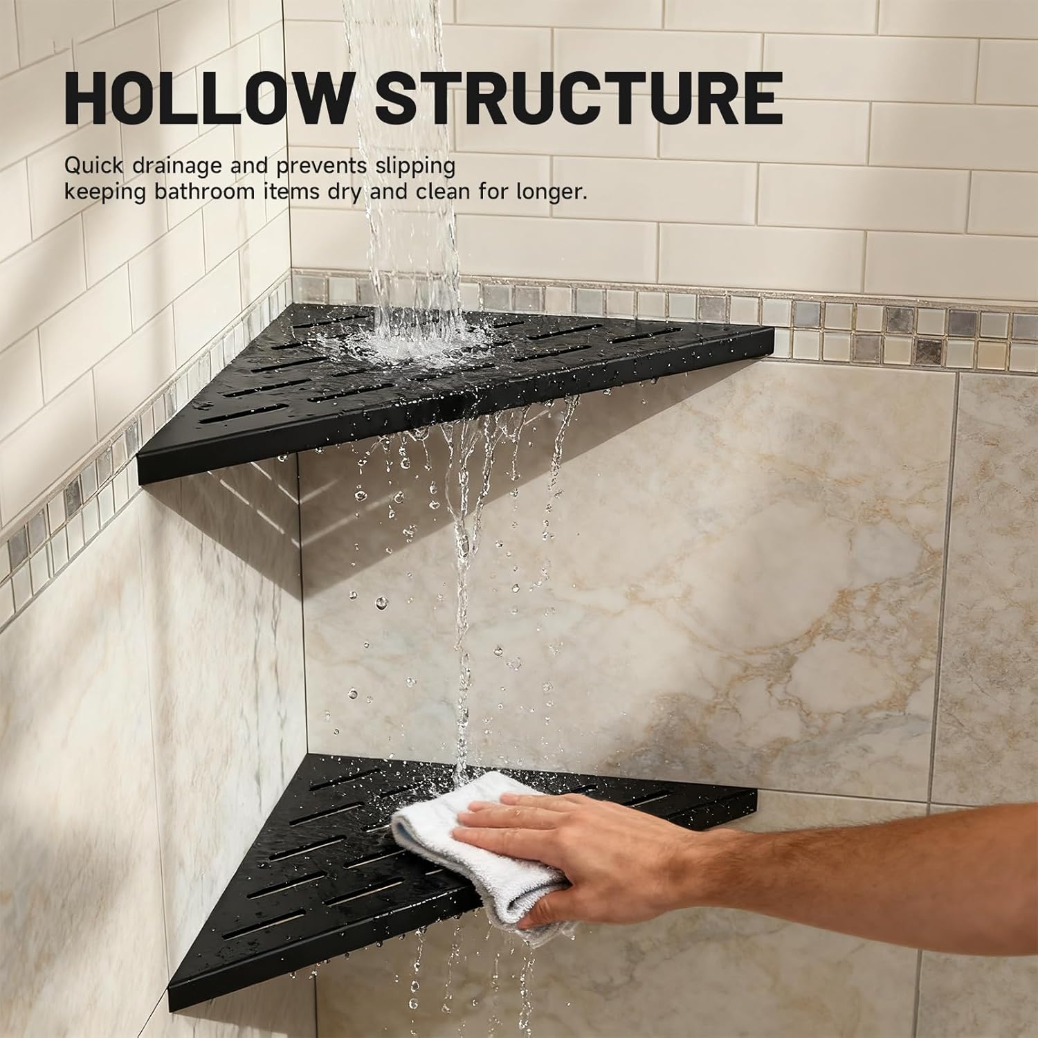Corner Shower Shelves 10" Matte Black, 2 Pack 304 Stainless Steel Shower Corner Shelf Recessed Slot Design, Wall Mount Triangle Shower Caddy for Bathroom, Kitchen Organization